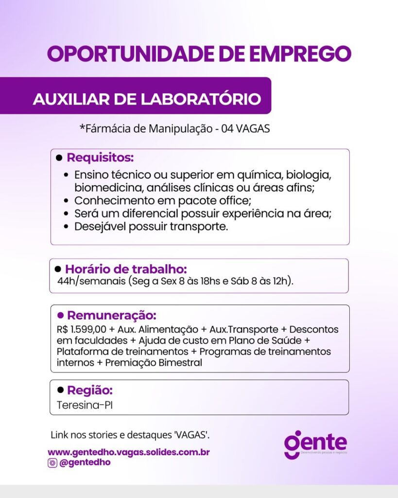 Vagas para Auxiliar de Laboratório
