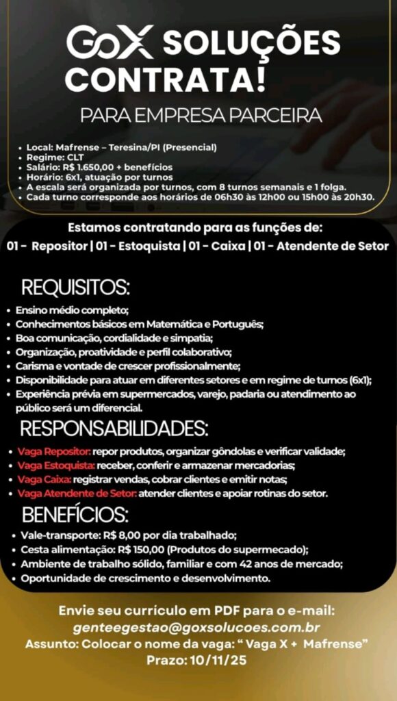 Vagas para Repositor, Estoquista, Caixa e Atendente de Setor
