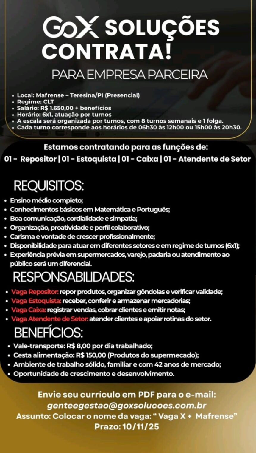 Vagas para Repositor, Estoquista, Caixa e Atendente de Setor