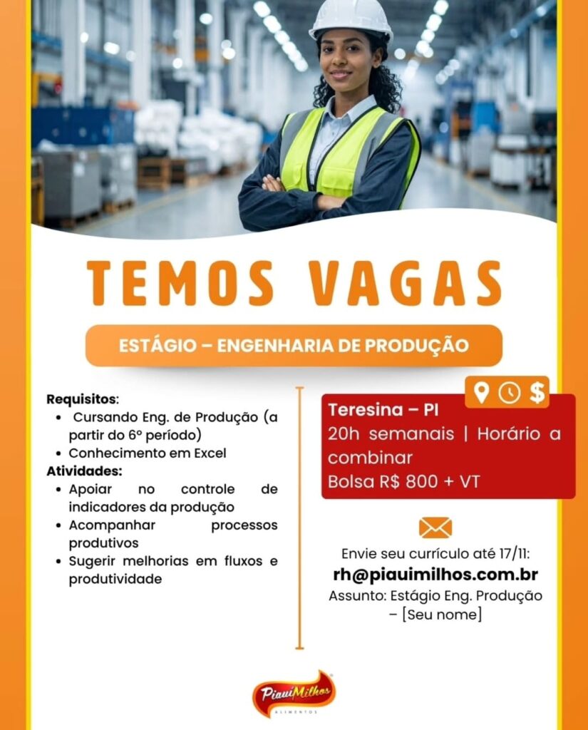 Vaga de Estágio para Engenharia de Produção