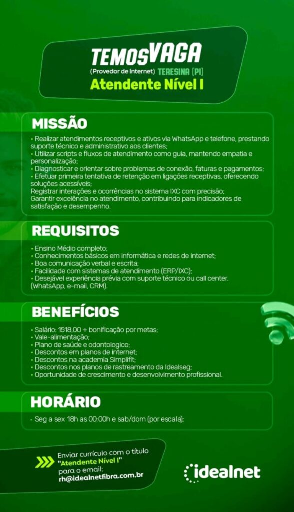 Vaga para Atendente Nível I