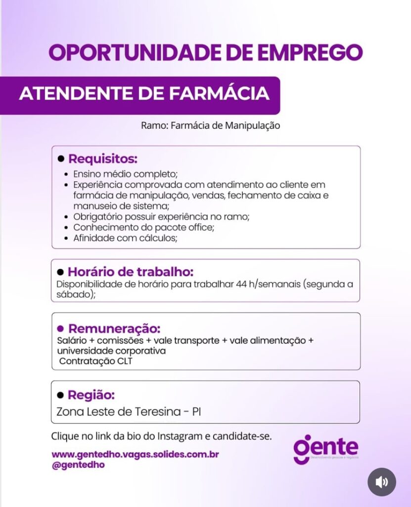 Vaga para Atendente de Farmácia