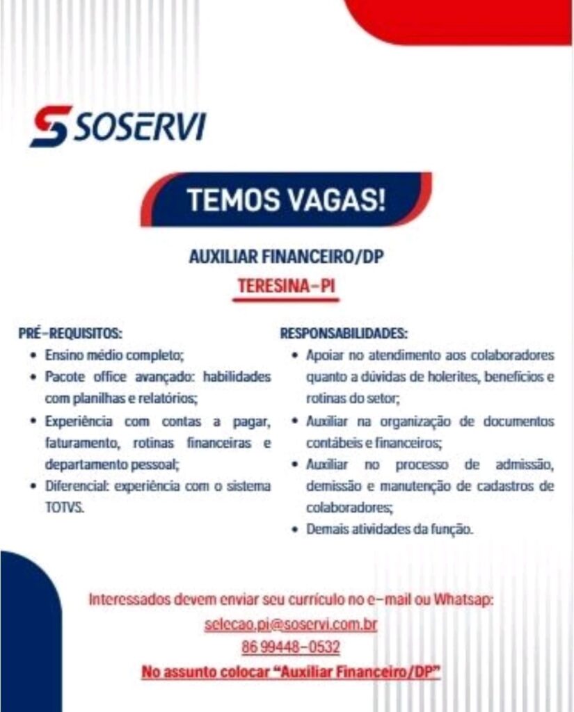 Vaga para Auxiliar Financeiro/DP