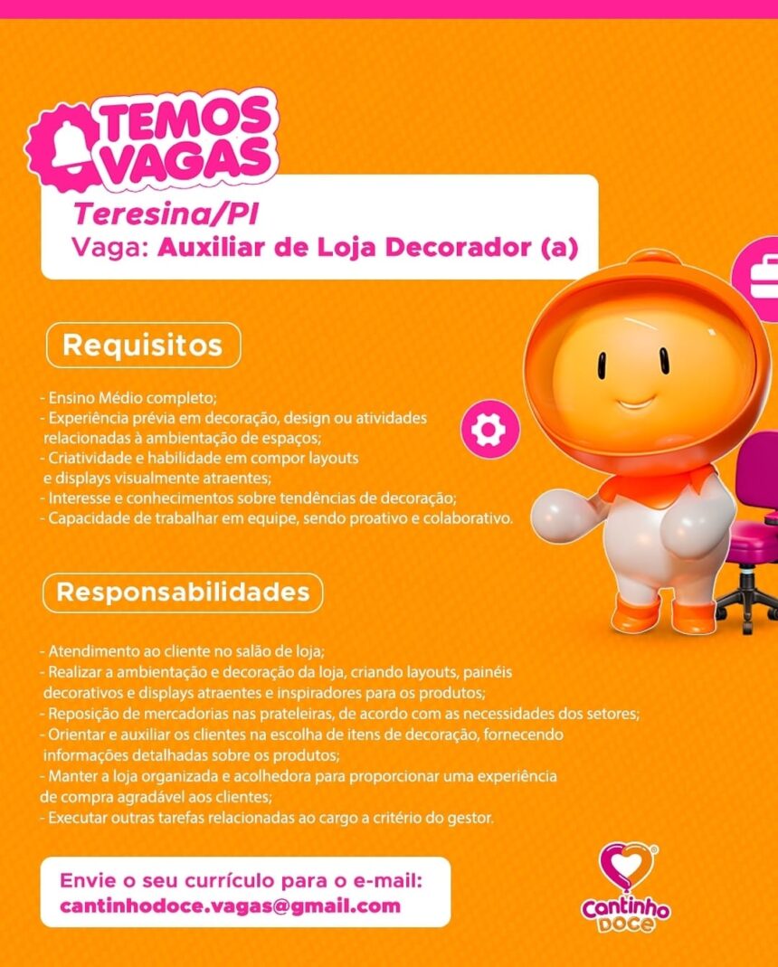Vaga para Auxiliar de Loja Decorador(a)
