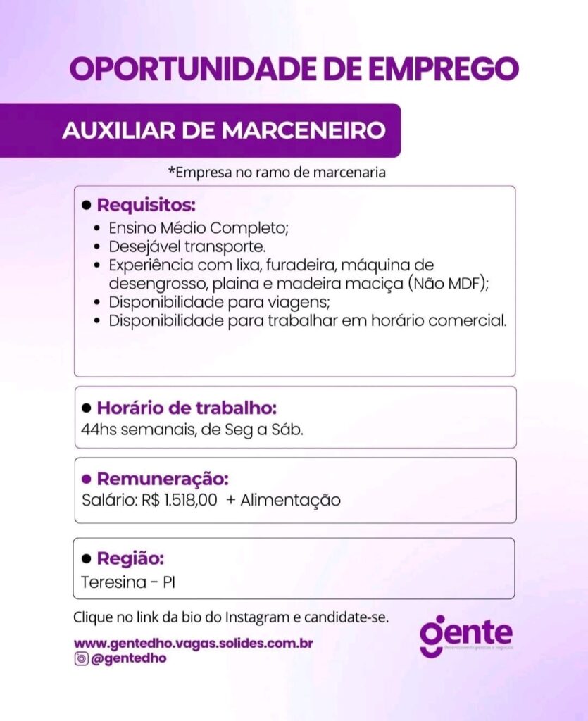 Vaga para Auxiliar de Marceneiro