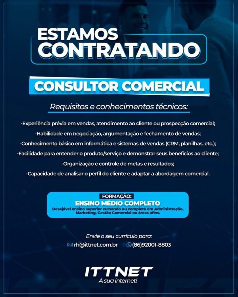Vaga para Consultor Comercial
