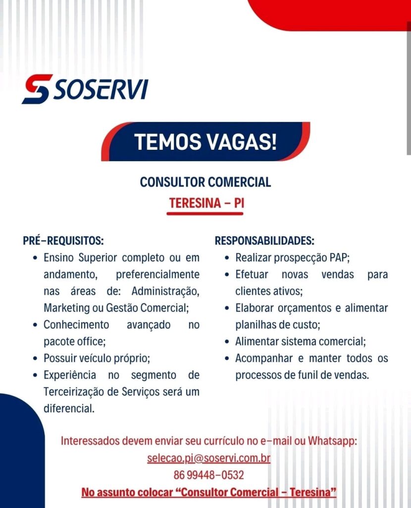 Vaga para Consultor Comercial