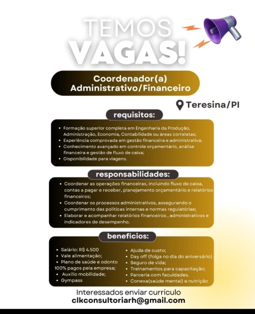 Vaga para Coordenador(a) Administrativo/ Financeiro