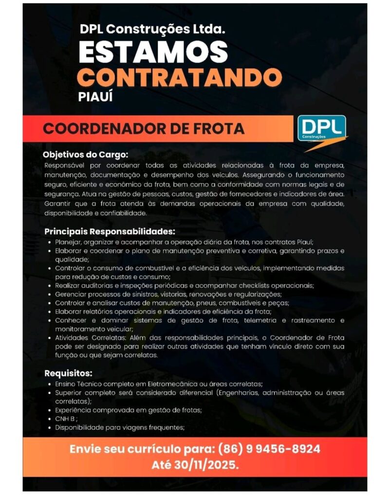 Vaga para Encarregado de Frota