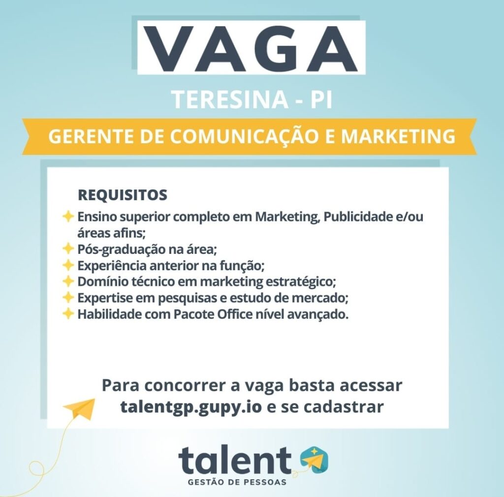 Vaga para Gerente de Comunicação e Marketing