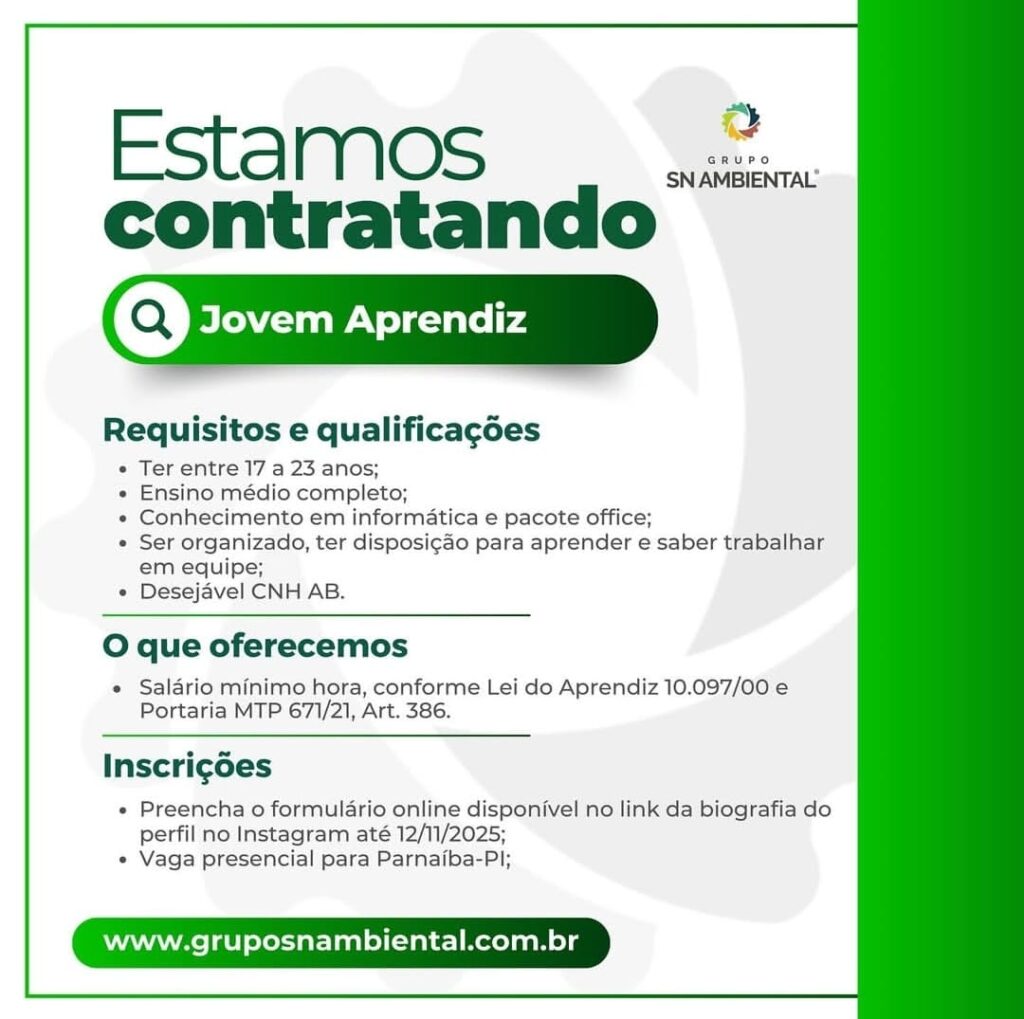 Vaga para Jovem Aprendiz em Parnaíba