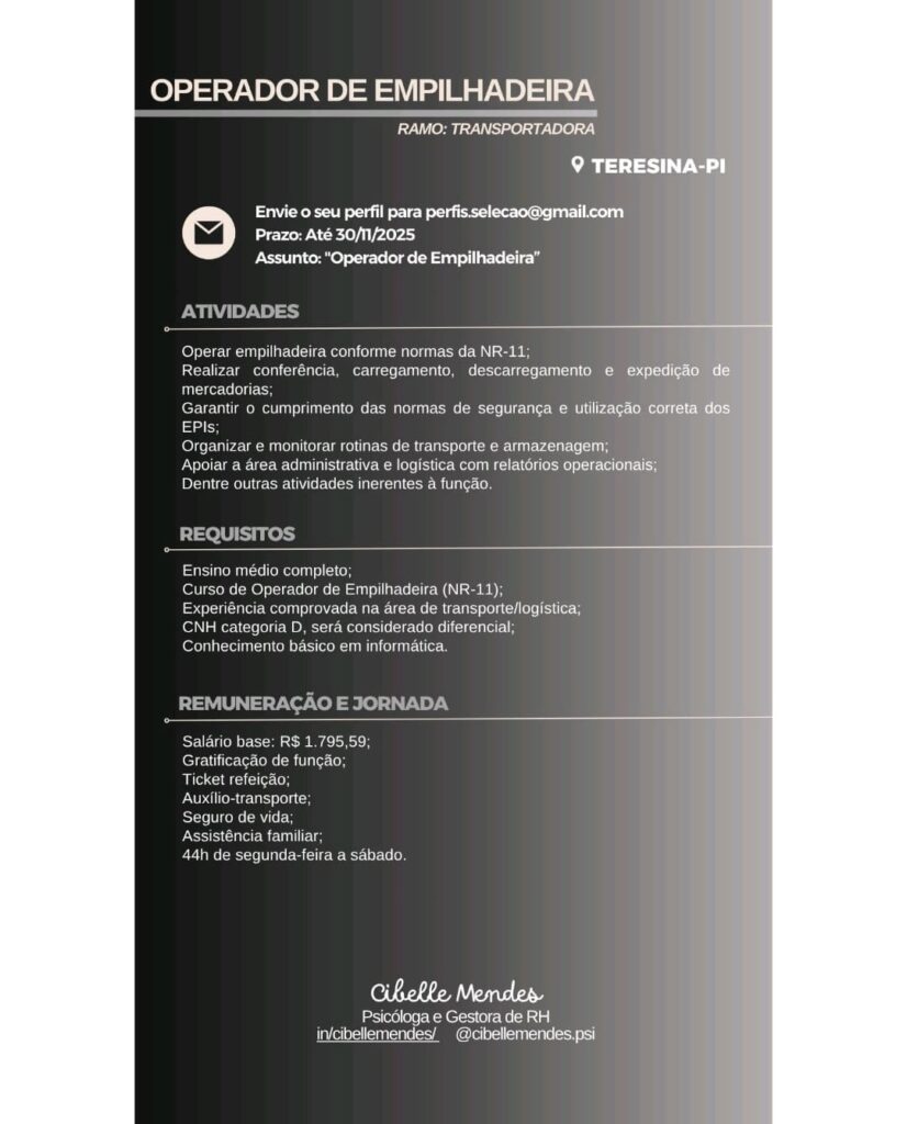 Vaga para Operador de Empilhadeira