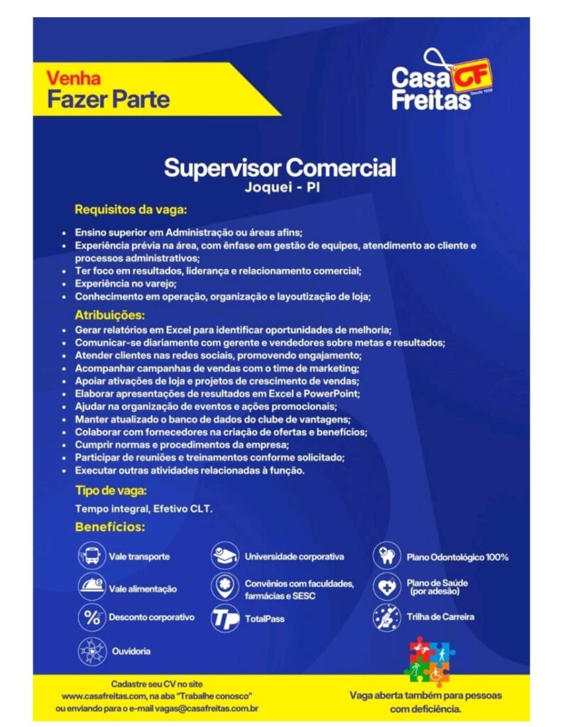 Vaga para Supervisor Comercial