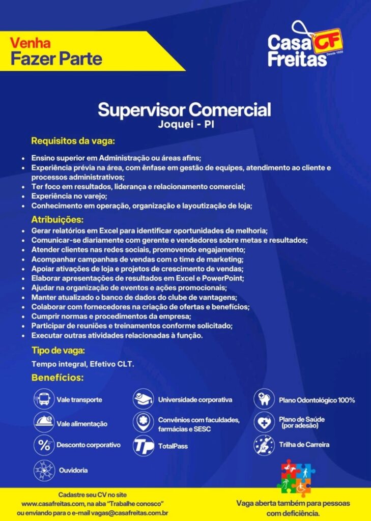 Vaga para Supervisor Comercial