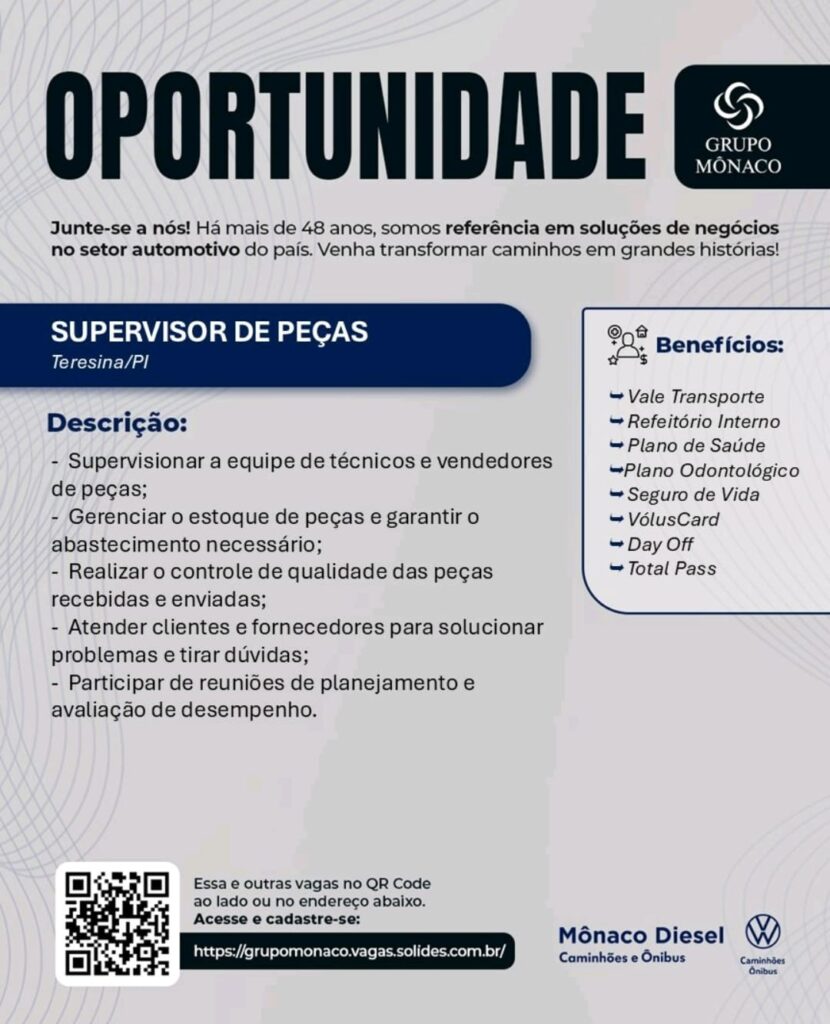 Vaga para Supervisor de Peças