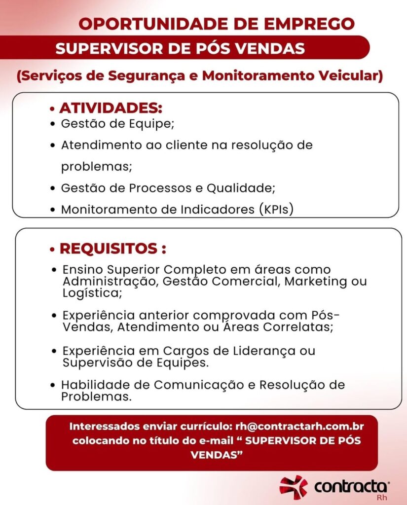 Vaga para Supervisor de Pós Vendas