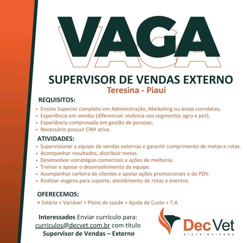 Vaga para Supervisor de Vendas Externo