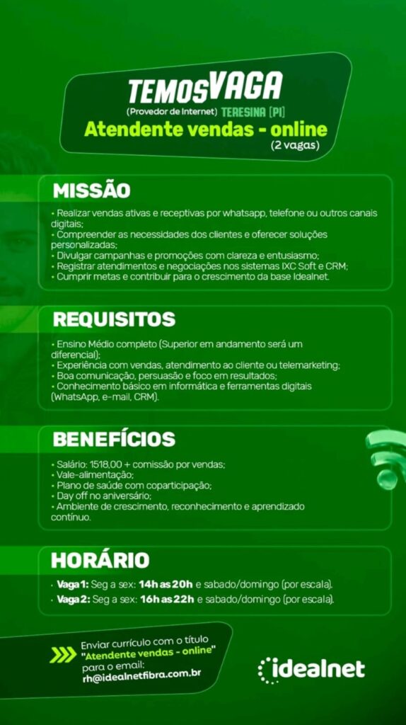 Vagas para Atendente de Vendas