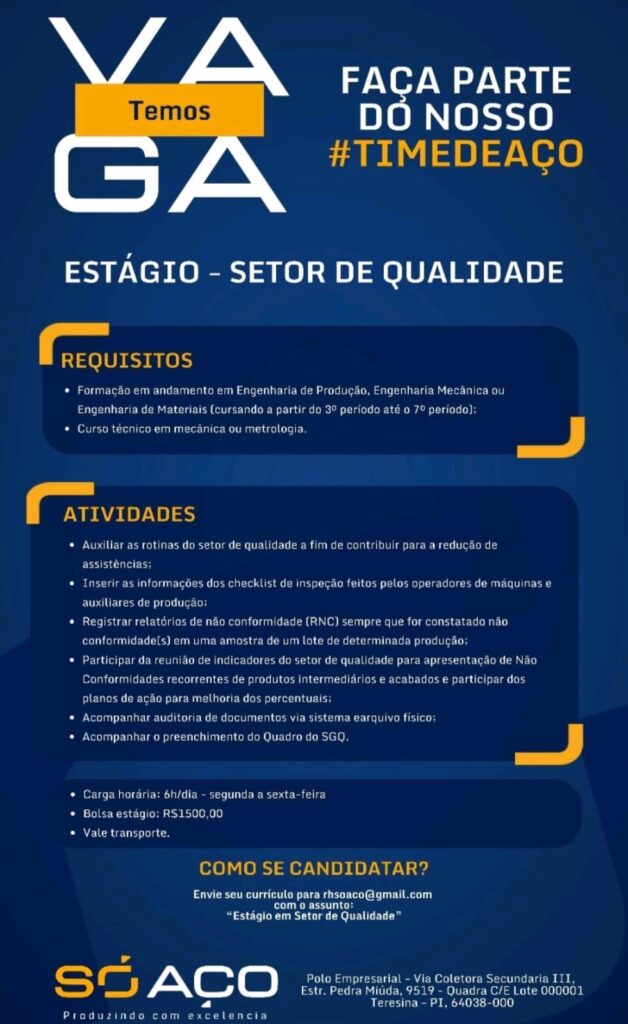 Vaga de Estágio para Setor de Qualidade