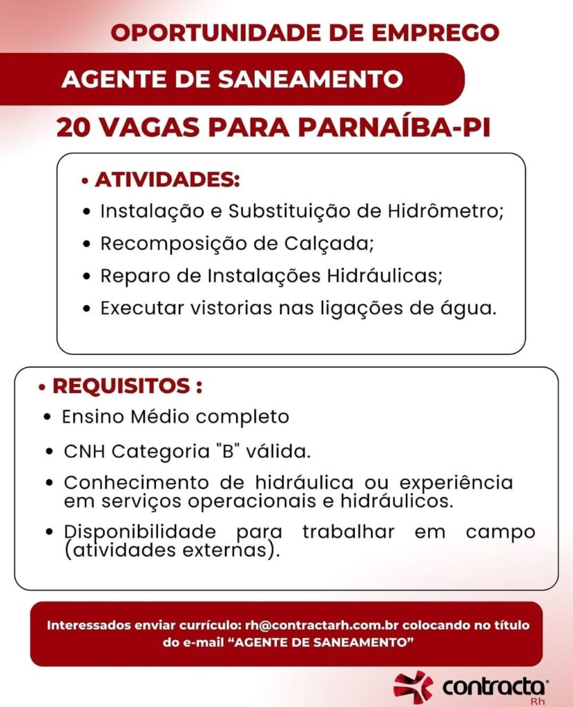 Vagas de emprego para Agente de Saneamento em Parnaíba