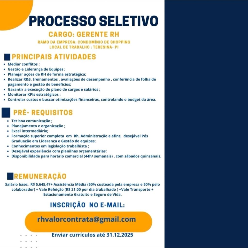 Vaga de emprego para Gerente RH