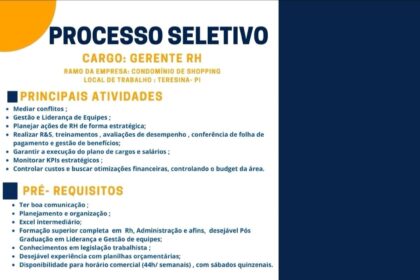 Vaga de emprego para Gerente RH