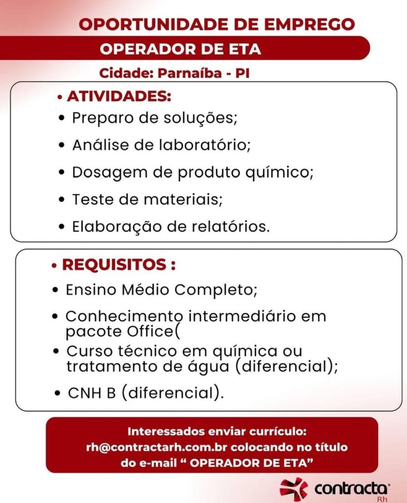 Vaga de emprego para Operador de ETA em Parnaíba