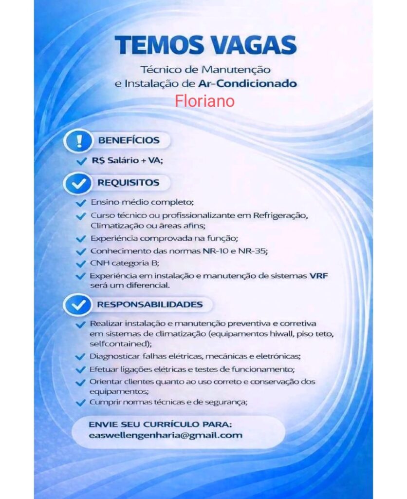 Vaga de emprego para Técnico de Manutenção e Instalação de Ar-condicionado em Floriano