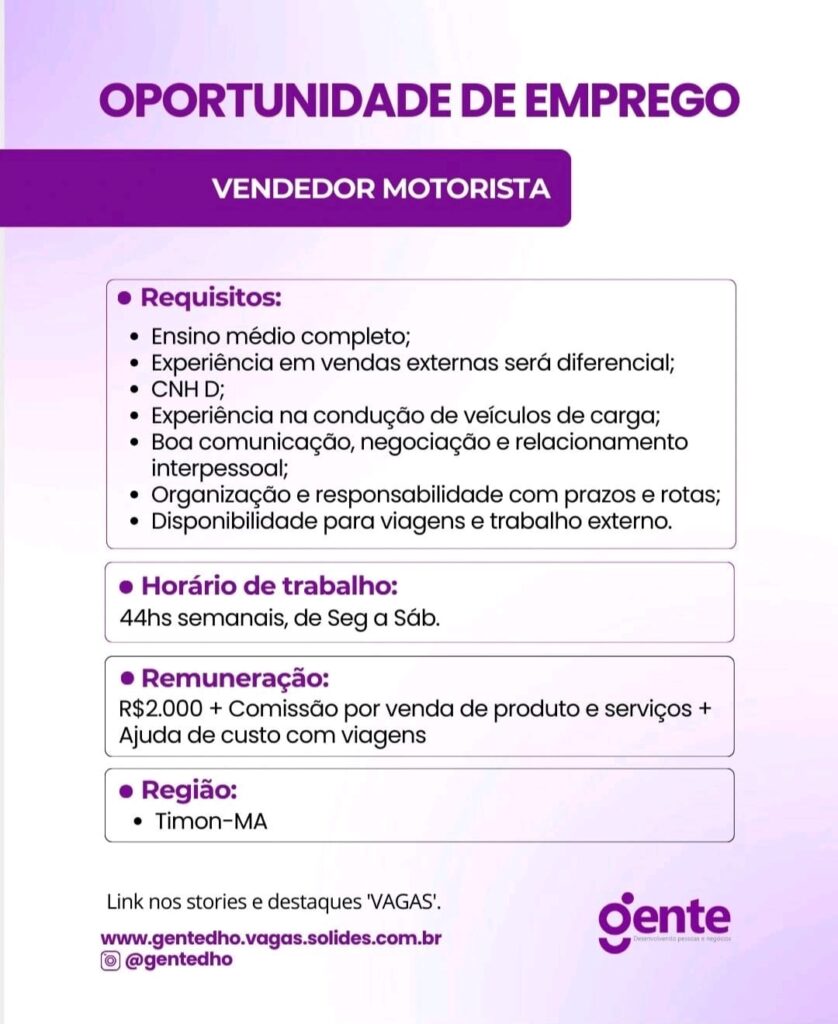 Vaga de emprego para Vendedor Motorista em Timon