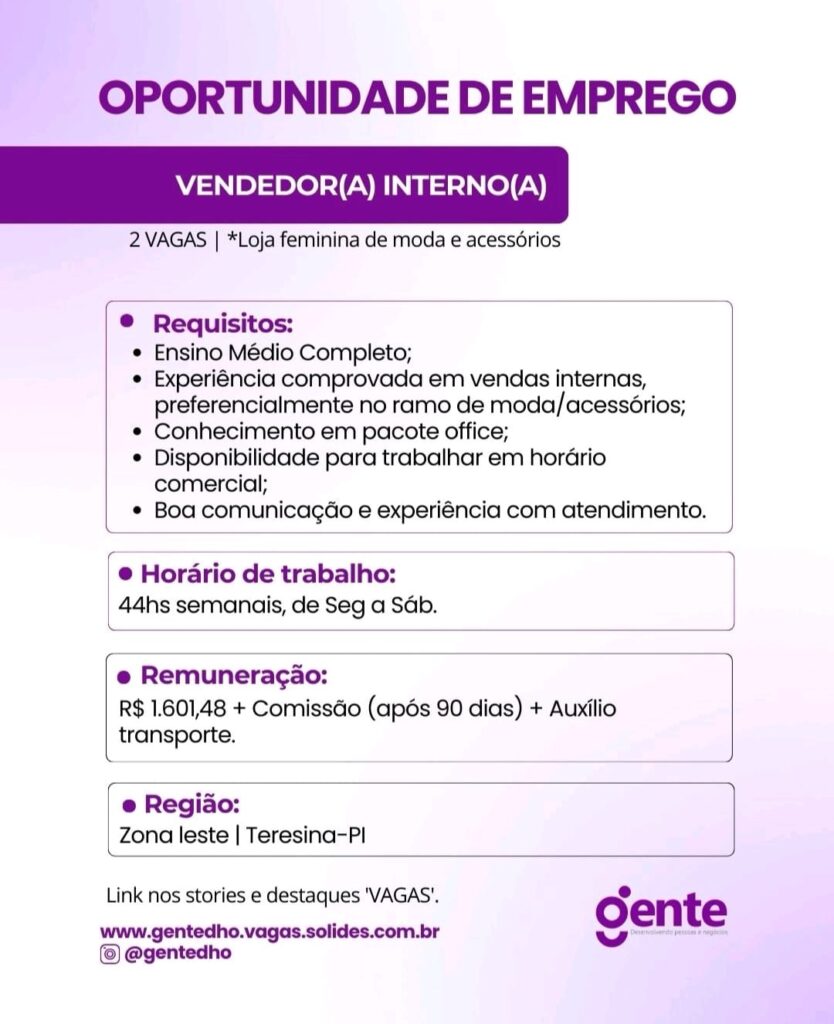 Vaga de emprego para Vendedor(a) Interno(a)