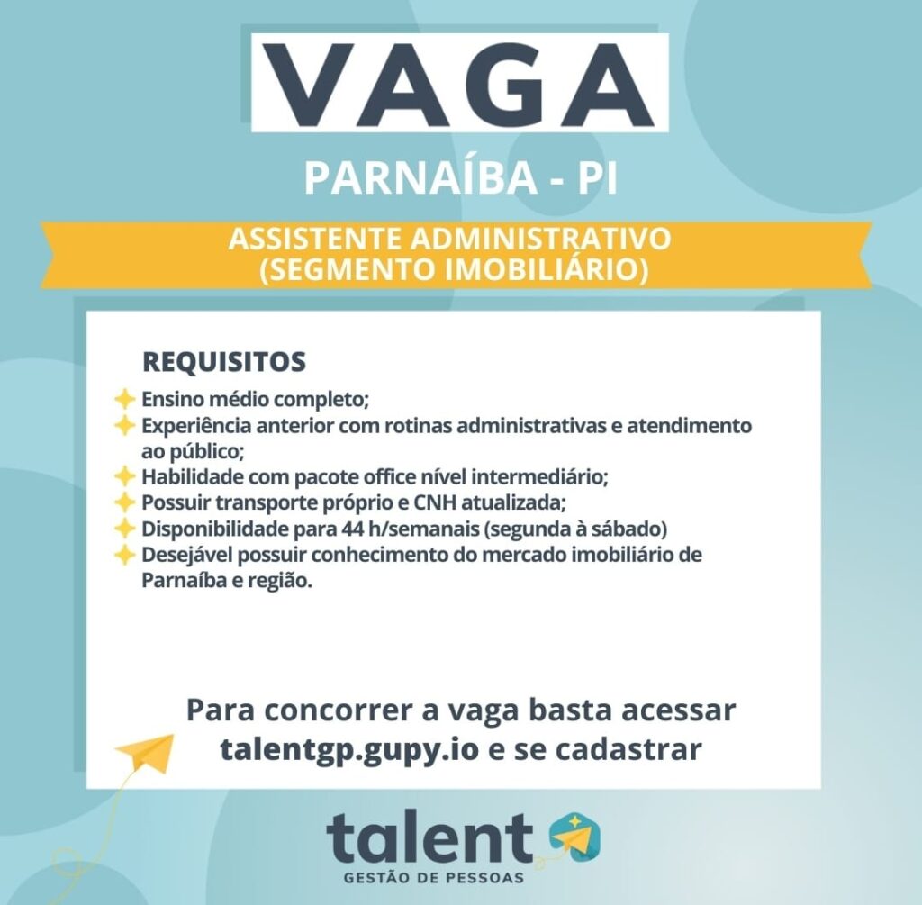 Vaga para Assistente ADM (Imobiliário) em Parnaíba