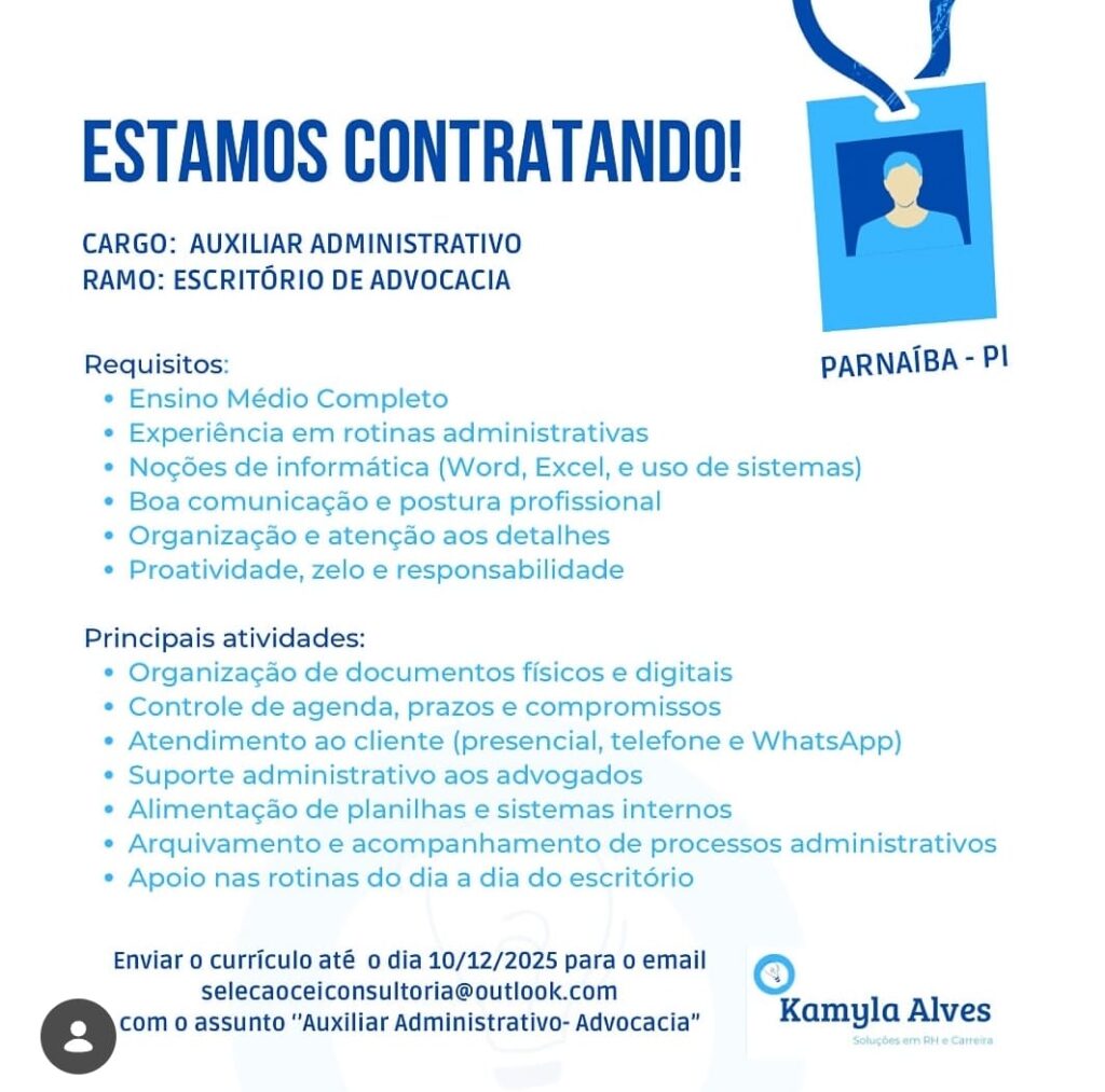Vaga para Auxiliar Administrativo