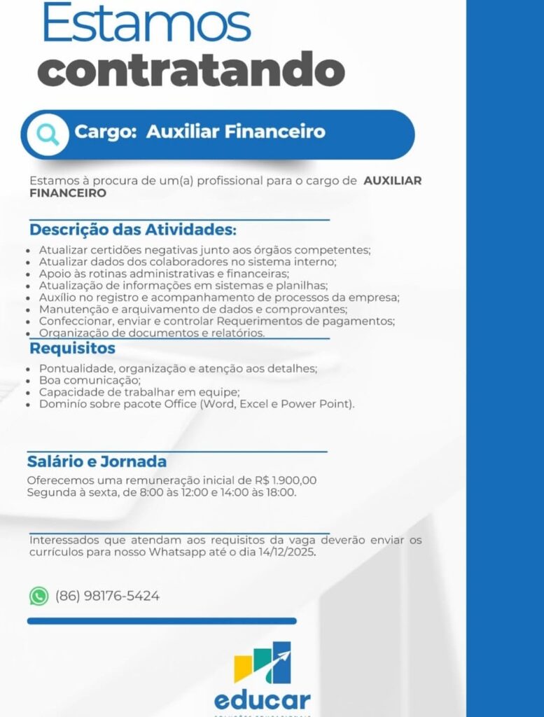 Vaga para Auxiliar Financeiro