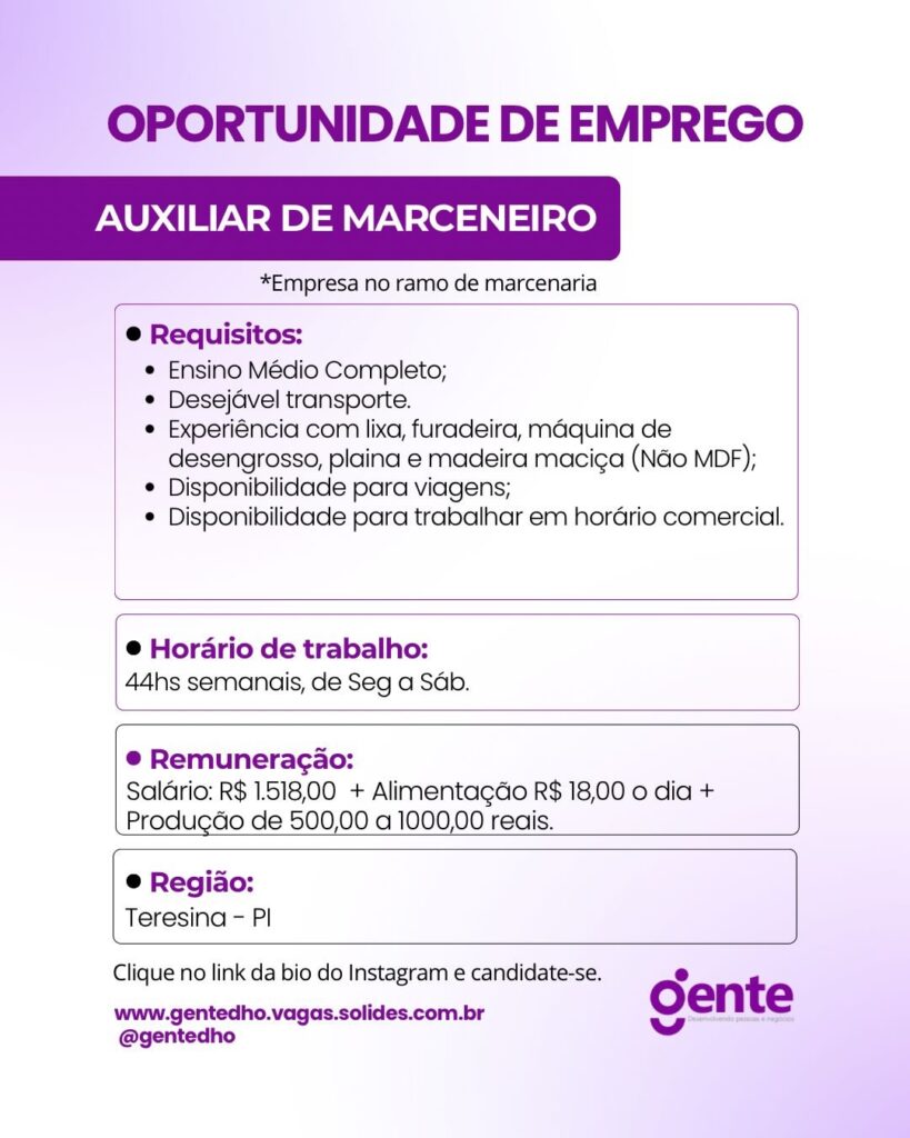 Vaga para Auxiliar de Marceneiro