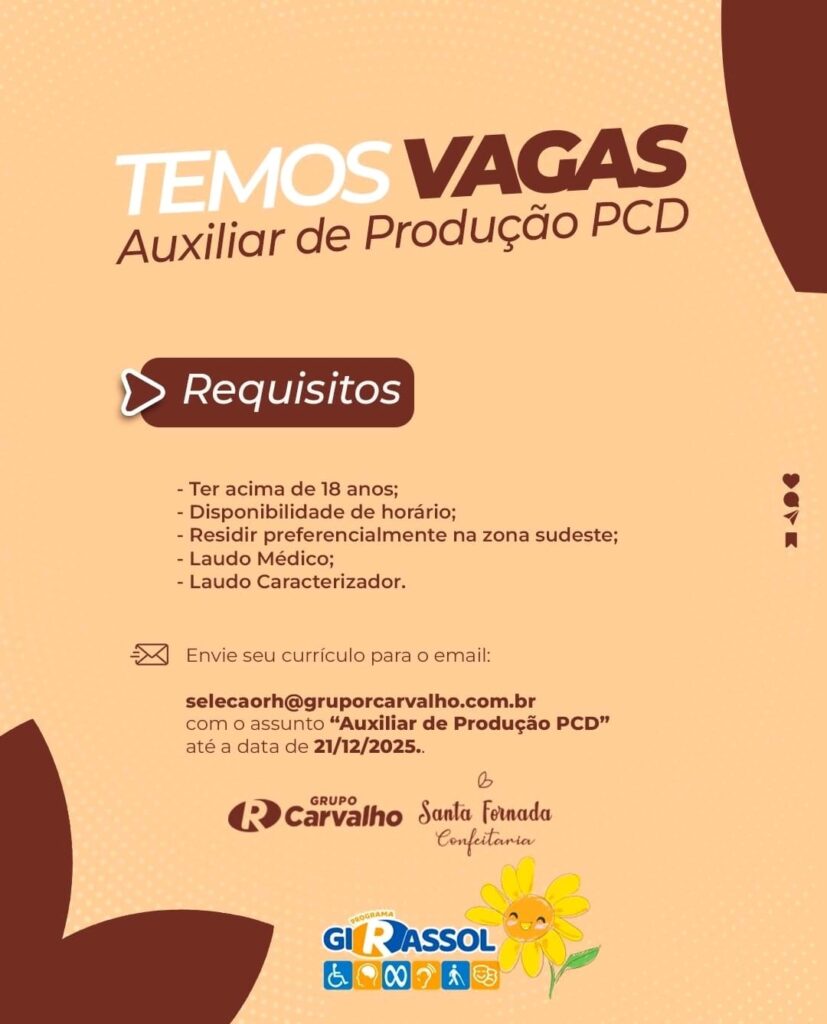 Vaga para Auxiliar de Produção (PCD)