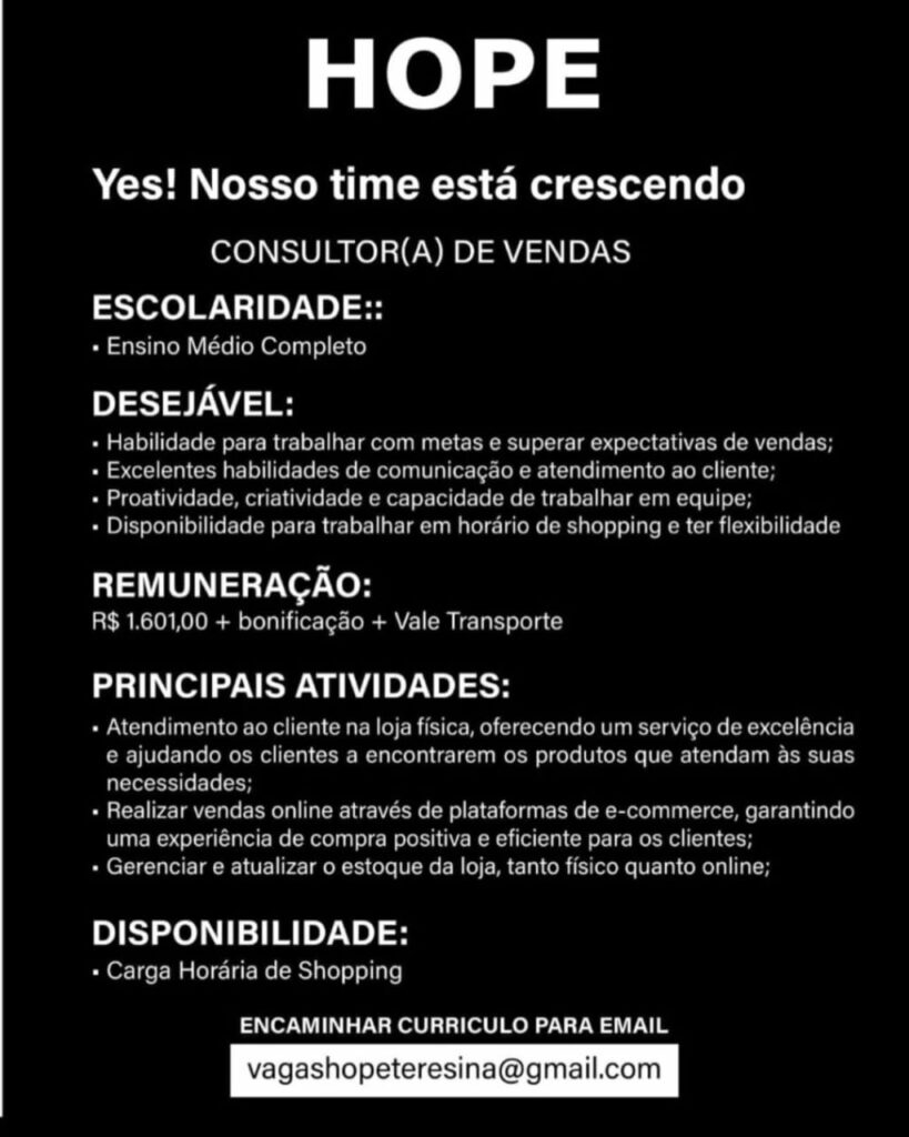 Vaga para Consultor(a) de Vendas