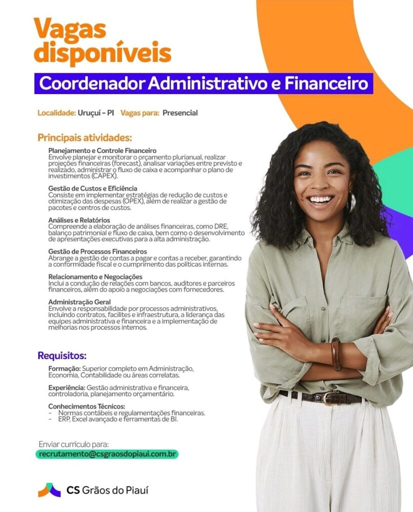 Vaga para Coordenador ADM e Financeiro em Uruçuí