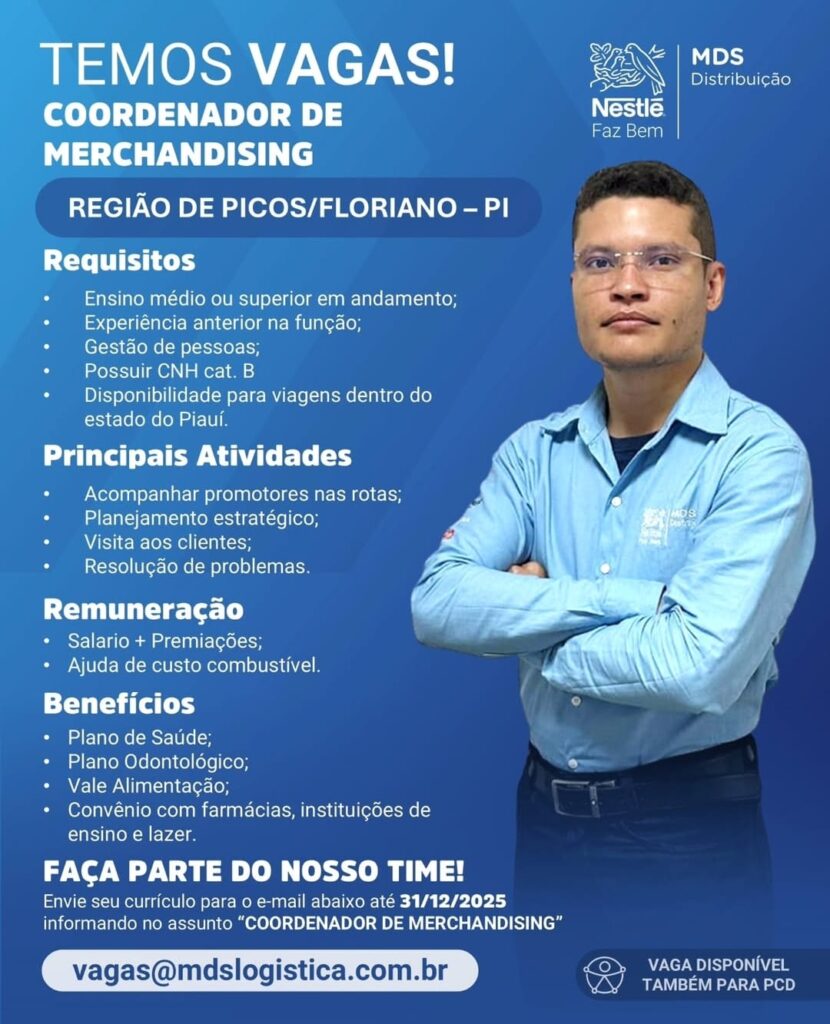 Vaga para Coordenador de Merchandising em Picos e Floriano