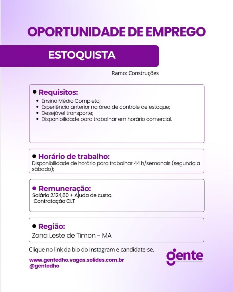 Vaga para Estoquista em Timon