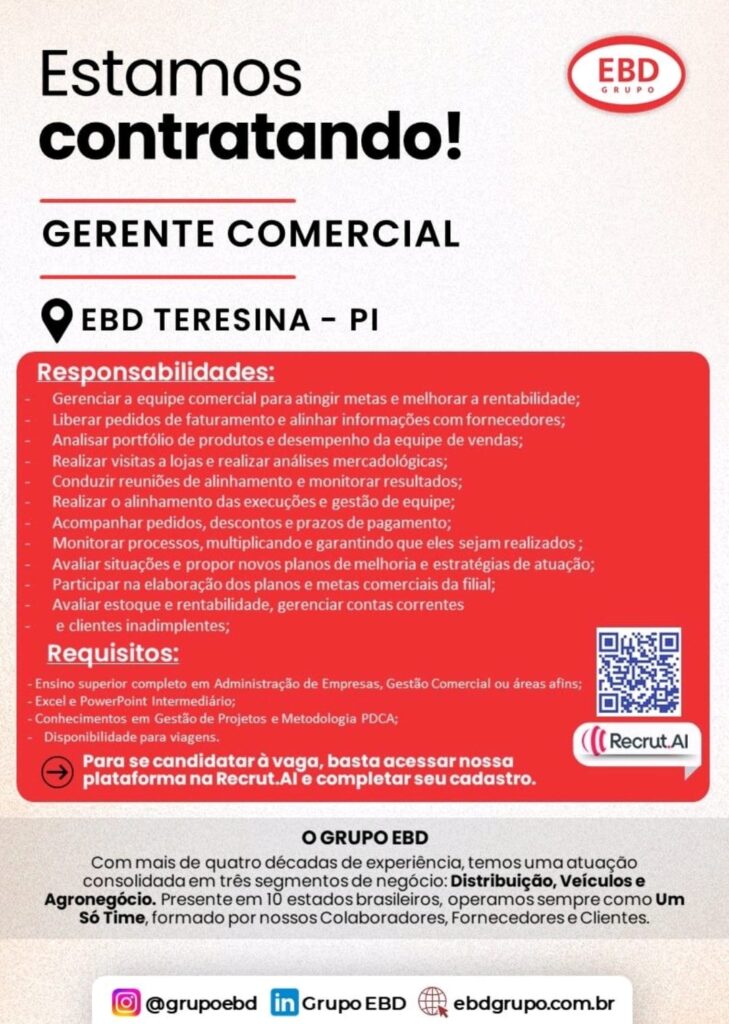 Vaga para Gerente Comercial