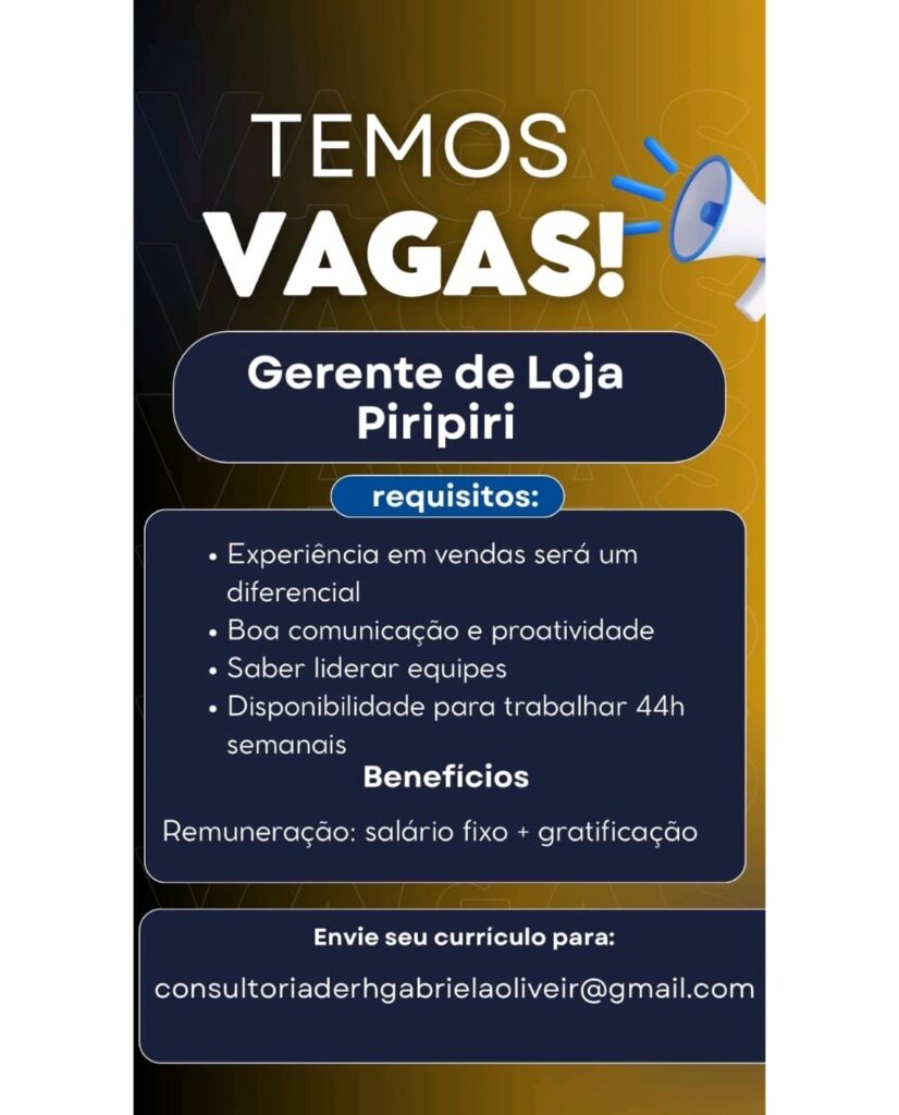 Vaga para Gerente de Loja em Piripiri