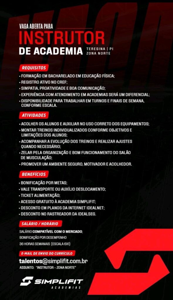 Vaga para Instrutor de Academia
