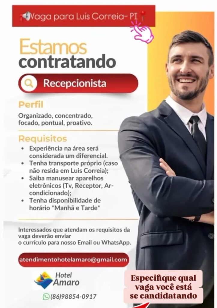 Vaga para Recepcionista em Luís Correia