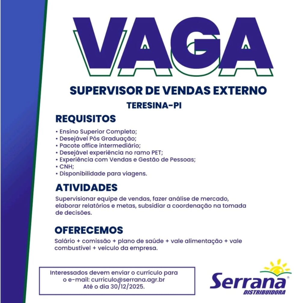 Vaga para Supervisor de Vendas Externo