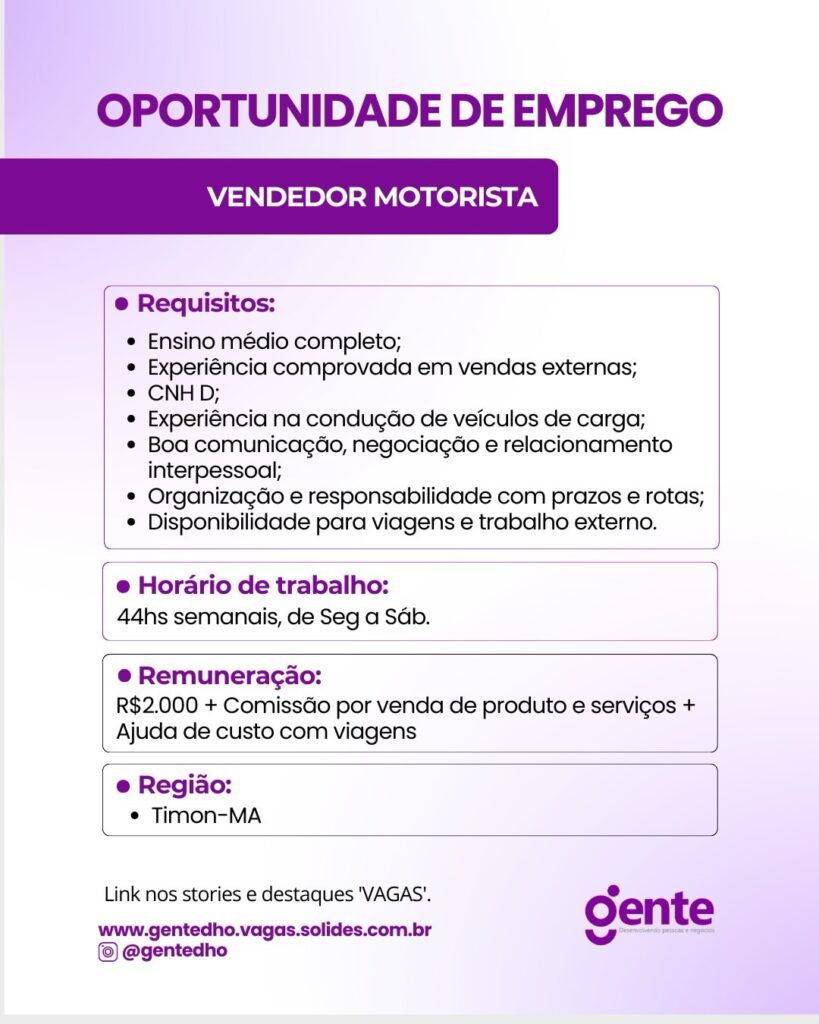 Vaga para Vendedor Motorista em Timon