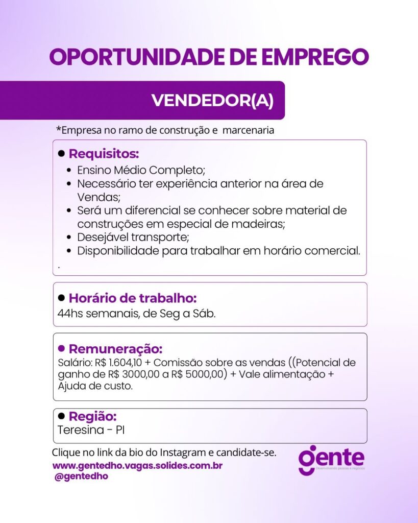 Vaga para Vendedor(a) (Marcenaria)