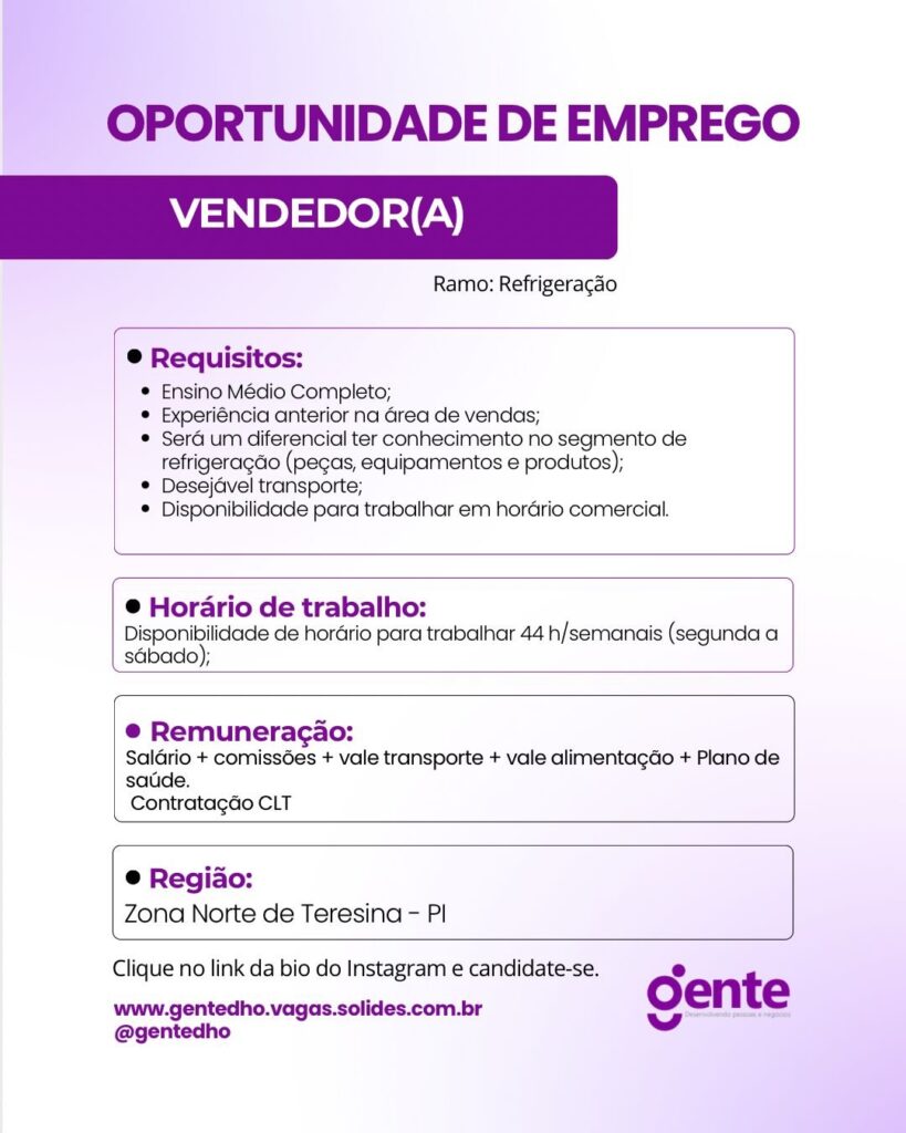Vaga para Vendedor(a) (Refrigeração)