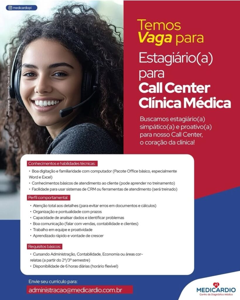 Vaga de Estágio para Call Center Clínica Médica