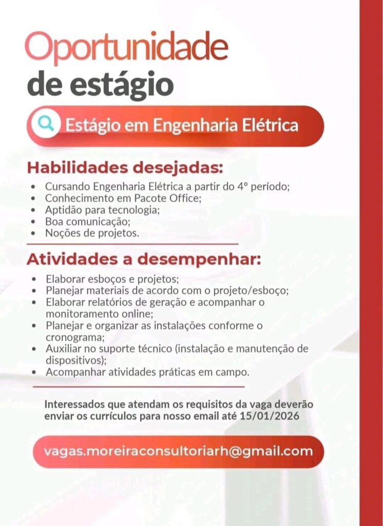 Vaga de Estágio para Engenharia Elétrica