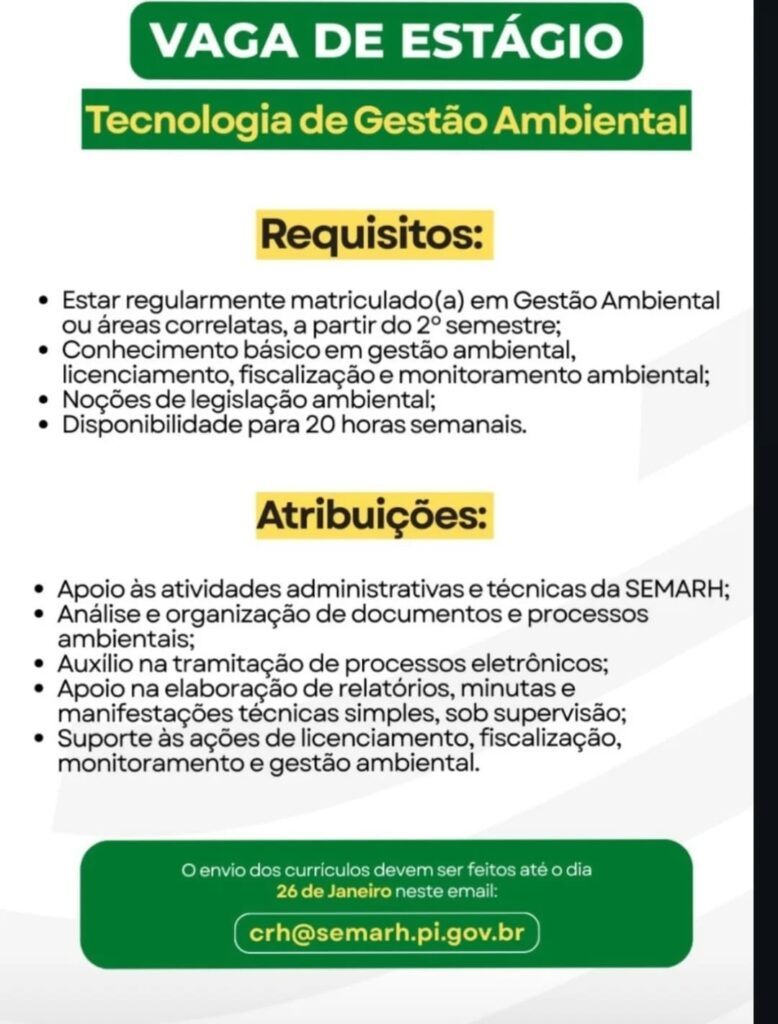 Vaga de Estágio para Tecnologia de Gestão Ambiental